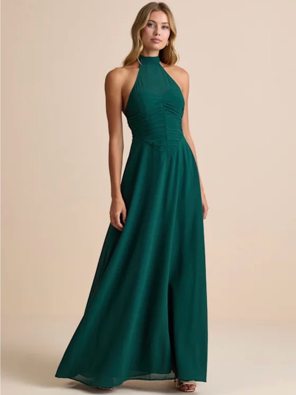 Lulus Cammie Emerald Halter Neck Ruched Maxi Dress